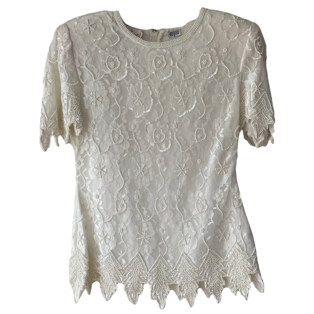 Laurence Kazar Vintage White Beaded Top Medium